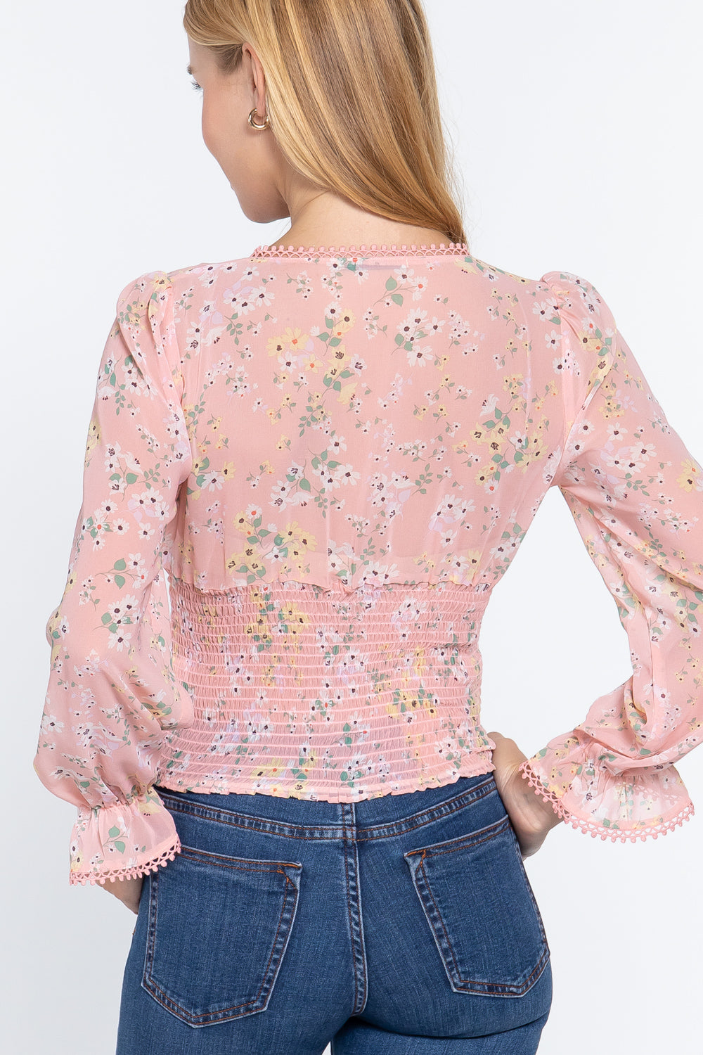 Pink Ruffle Sleeve Floral Print Chiffon Top