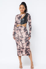 Brown Tie Dye Long Sleeve Midi Dress