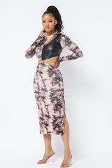 Brown Tie Dye Long Sleeve Midi Dress