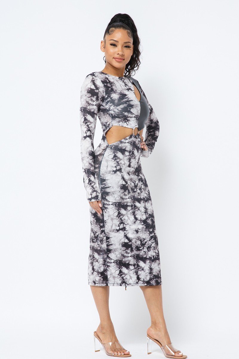 Black Tie Dye Long Sleeve Midi Dress