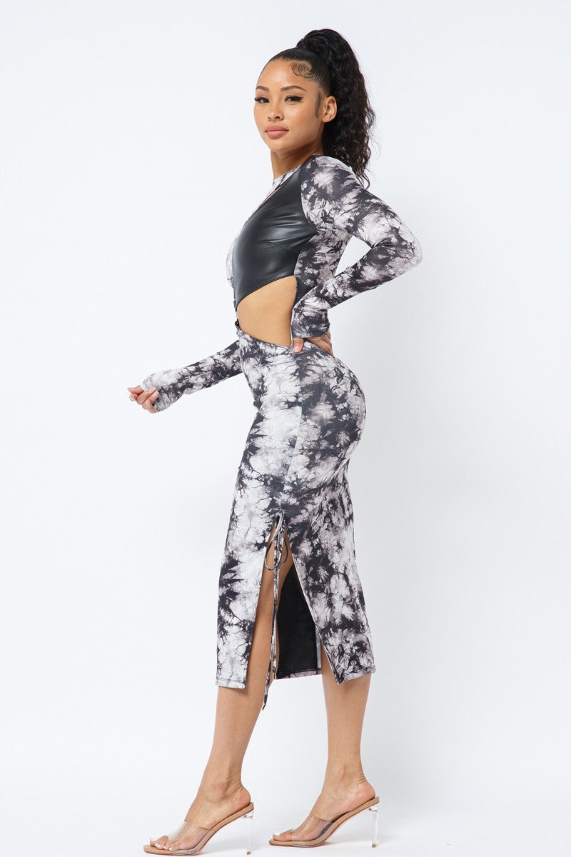 Black Tie Dye Long Sleeve Midi Dress