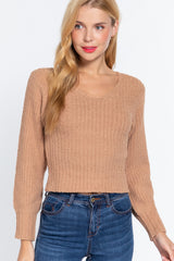 Long Puff Sleeve V-Neck Rib Sweater