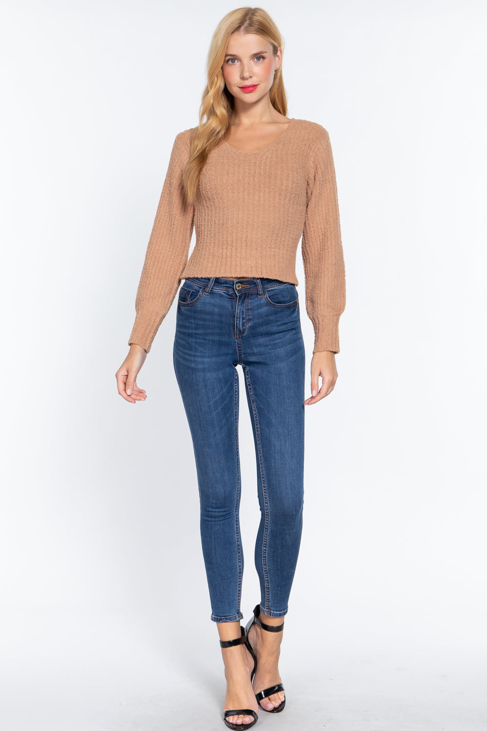 Long Puff Sleeve V-Neck Rib Sweater