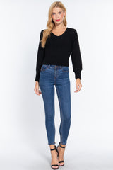 Long Puff Sleeve V-Neck Rib Sweater