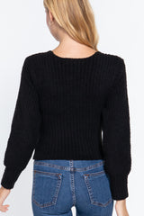 Long Puff Sleeve V-Neck Rib Sweater