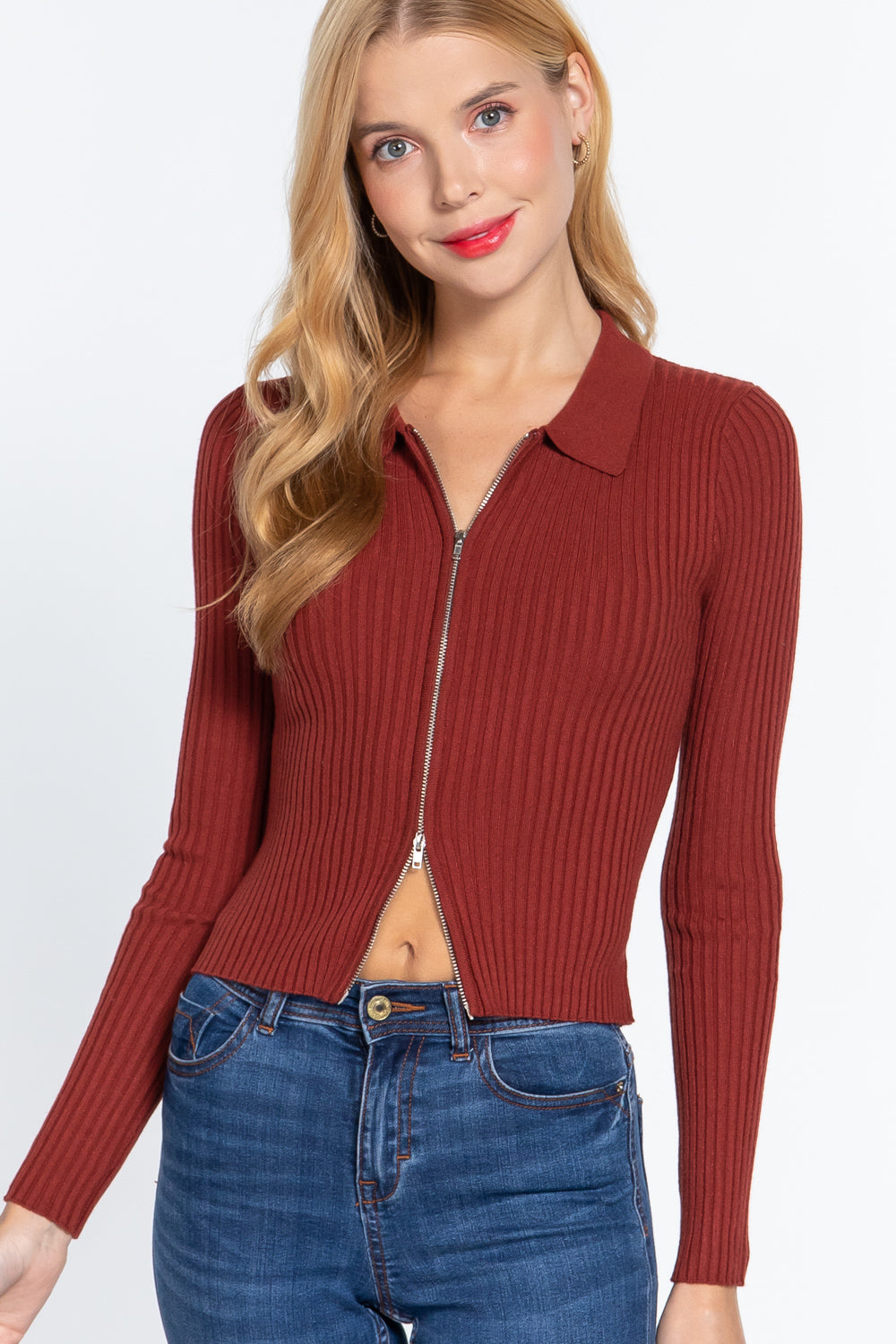 Notched Collar Zippered Sweater