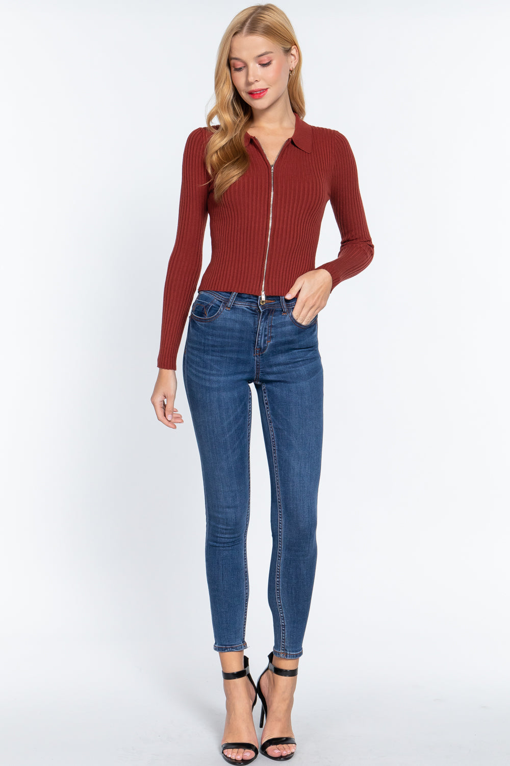 Notched Collar Zippered Sweater