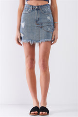 Medium Blue Denim High-waist Distressed Effect Mini Skirt