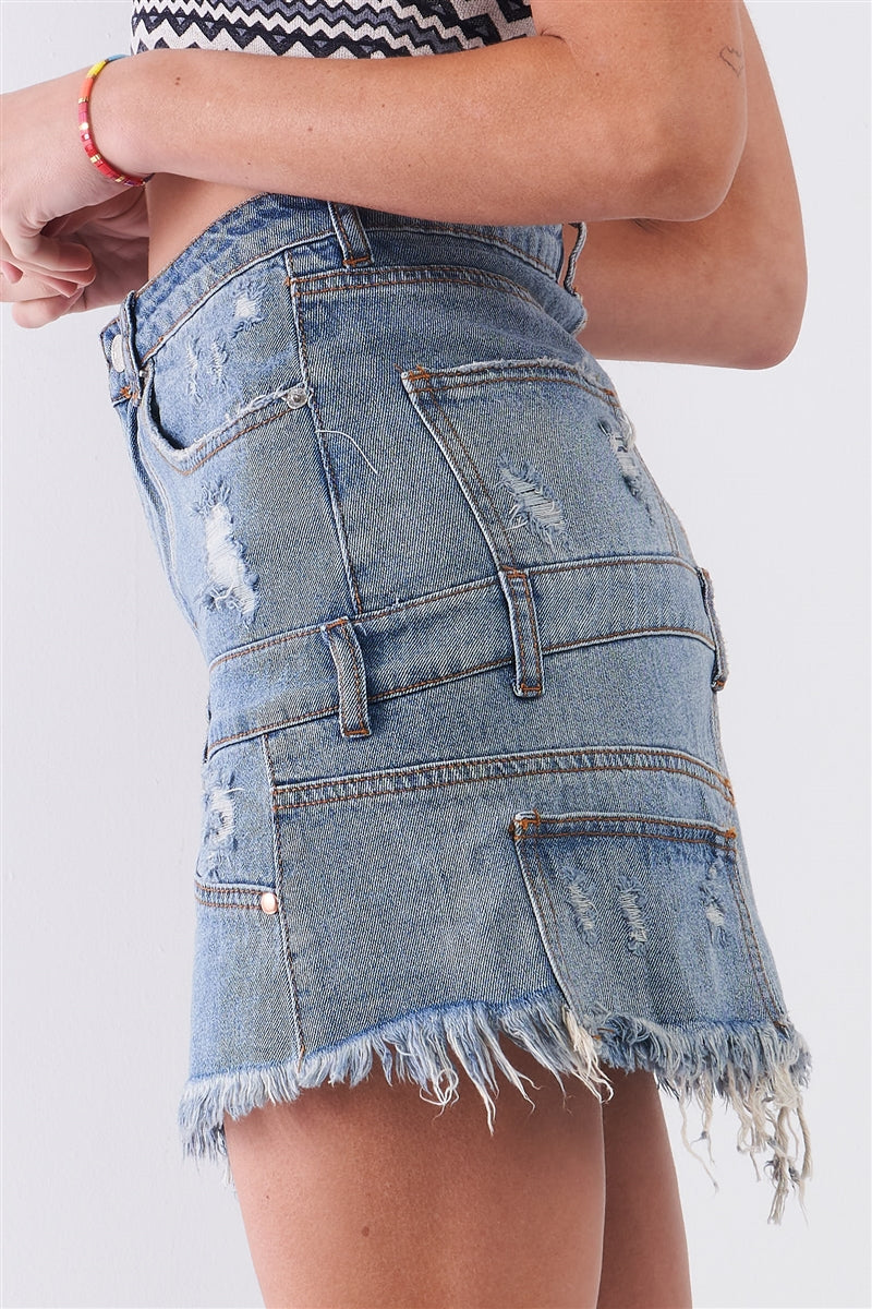 Medium Blue Denim High-waist Distressed Effect Mini Skirt