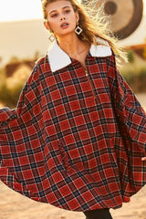 Rust Mock Neck With Zipper Contrast Inside Front Pocket Plaid Poncho