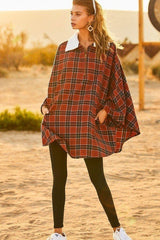 Rust Mock Neck With Zipper Contrast Inside Front Pocket Plaid Poncho