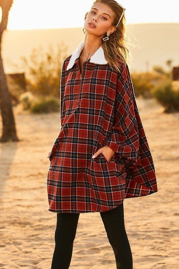 Rust Mock Neck With Zipper Contrast Inside Front Pocket Plaid Poncho