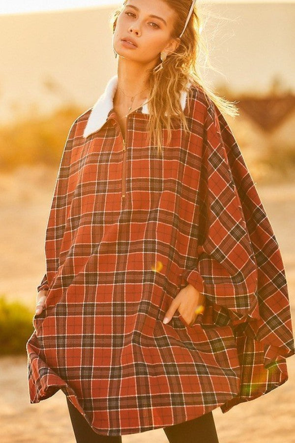 Rust Mock Neck With Zipper Contrast Inside Front Pocket Plaid Poncho