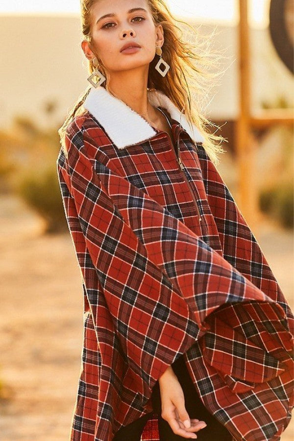 Rust Mock Neck With Zipper Contrast Inside Front Pocket Plaid Poncho