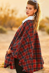 Rust Mock Neck With Zipper Contrast Inside Front Pocket Plaid Poncho