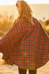 Rust Mock Neck With Zipper Contrast Inside Front Pocket Plaid Poncho