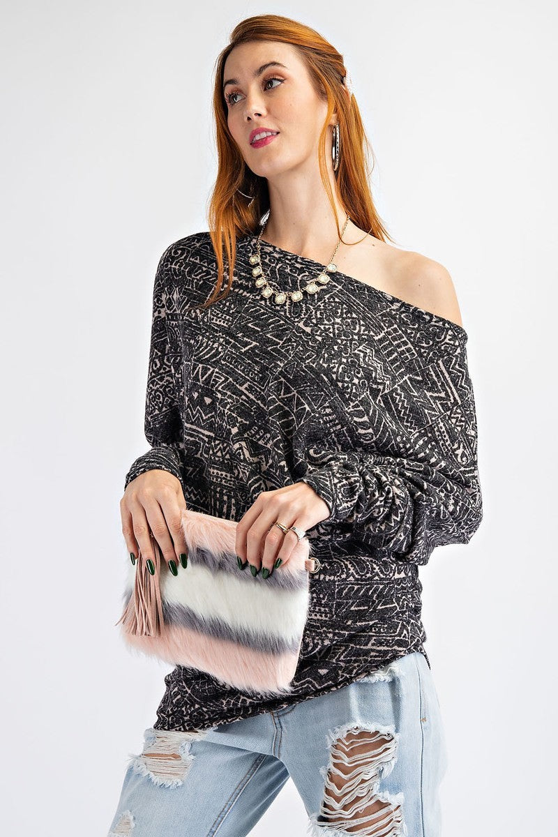 Tribal Printed Knit Top in Black