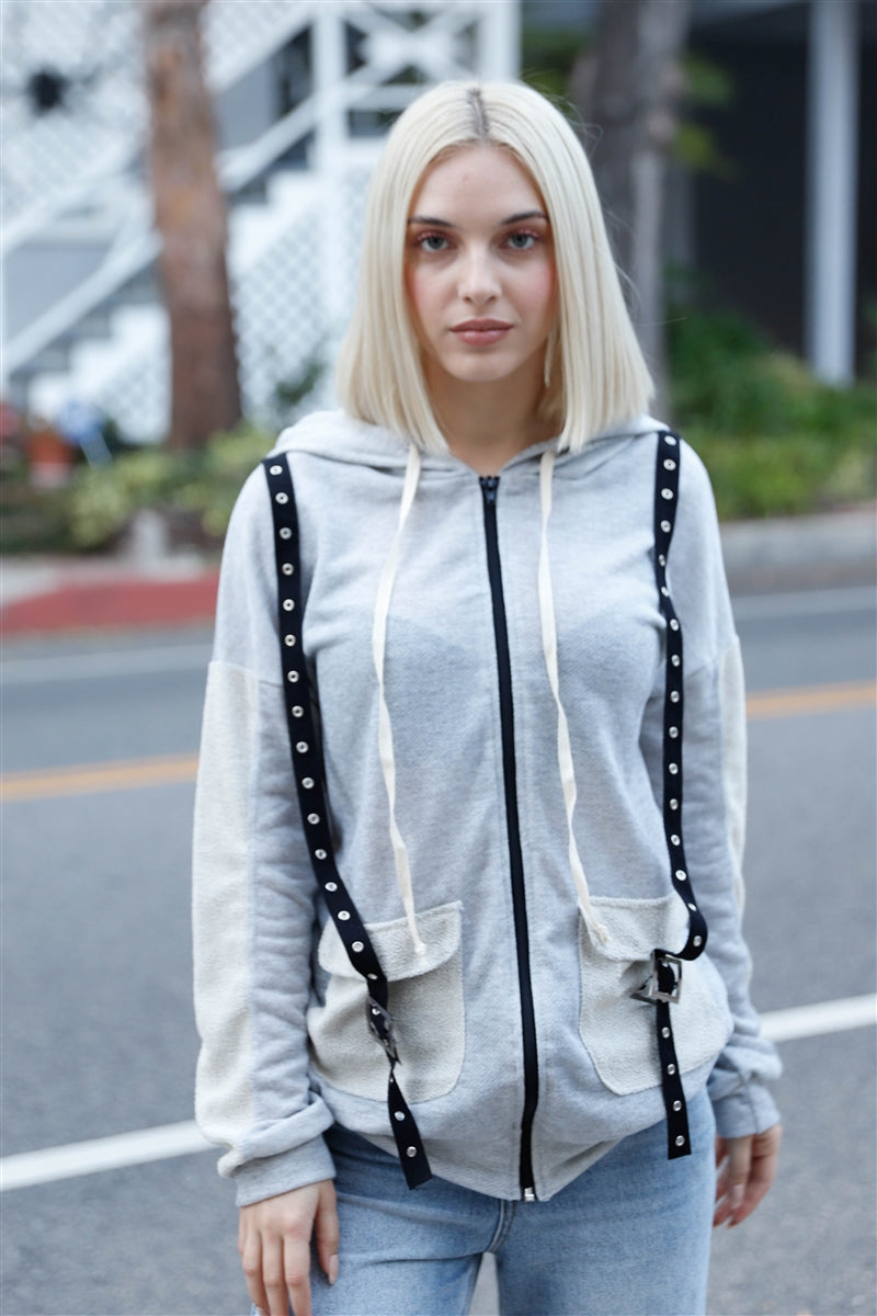 Belt & Reversed Details Zip-up Hooded Sweater