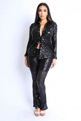 Black Sequin Button Down Shirt & Pant Set