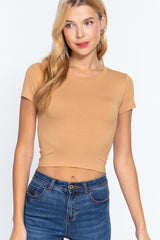 Short Sleeve Crew Neck Rib Crop Top in Honeycomb