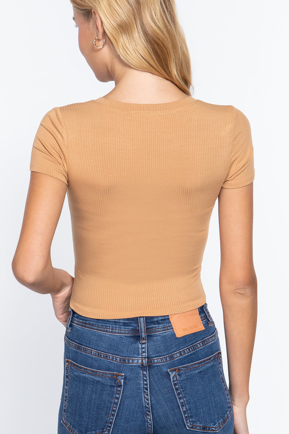 Short Sleeve Crew Neck Rib Crop Top in Honeycomb