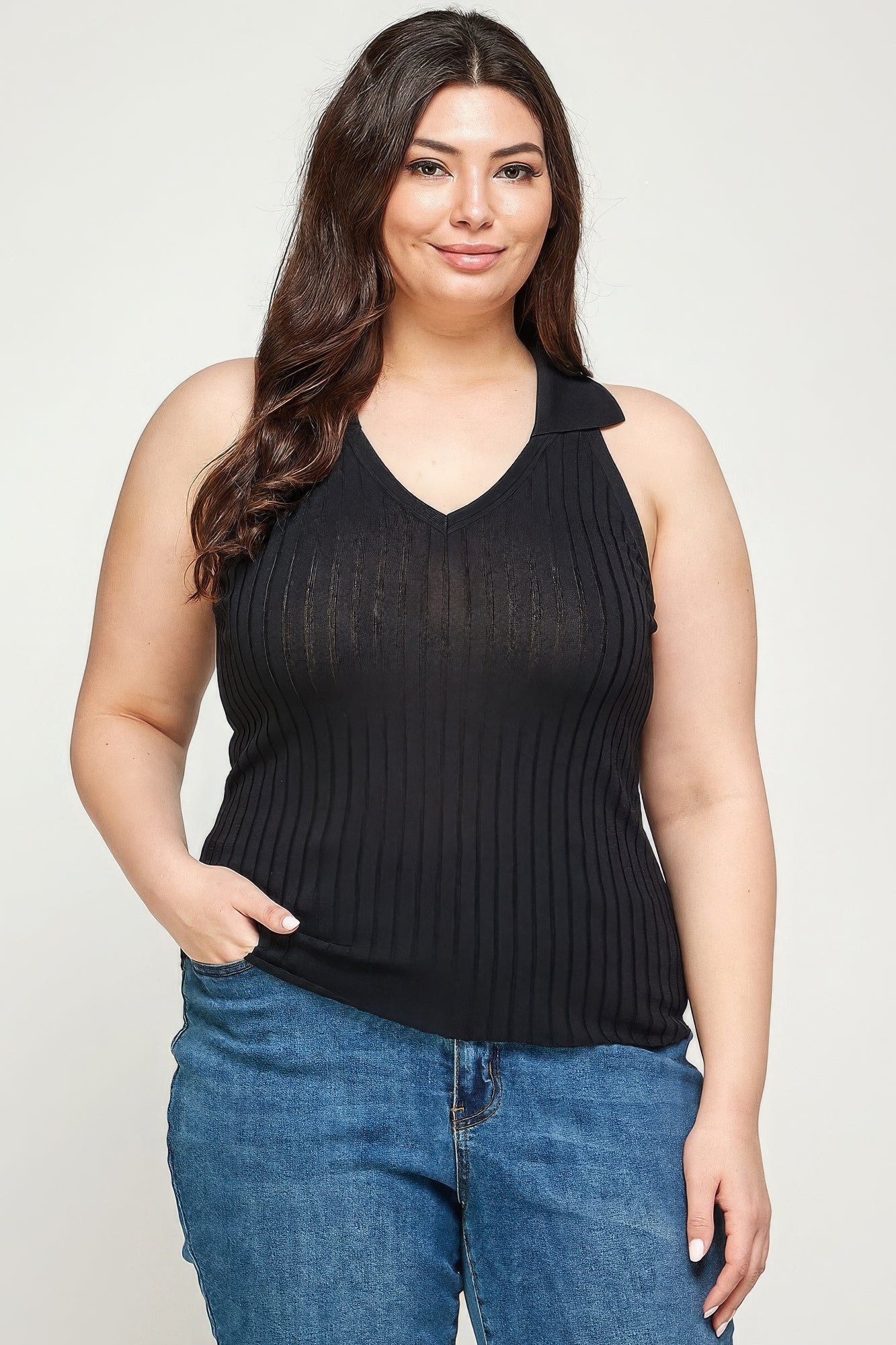 Plus Size Solid Ribbed Knit Polo Sleeveless Top