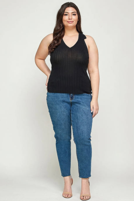 Plus Size Solid Ribbed Knit Polo Sleeveless Top