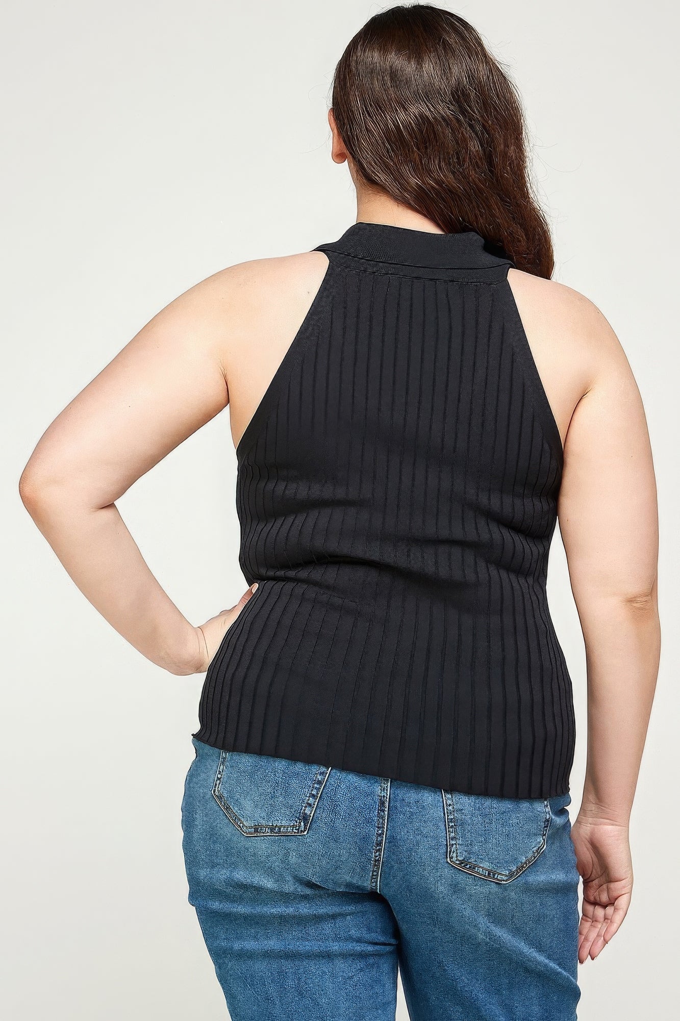 Plus Size Solid Ribbed Knit Polo Sleeveless Top