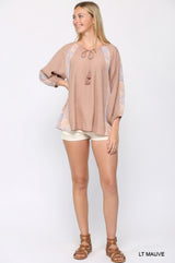 Solid Crinkle & Print Mix Raglan Sleeve Top With Tassel Tie