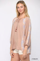 Solid Crinkle & Print Mix Raglan Sleeve Top With Tassel Tie