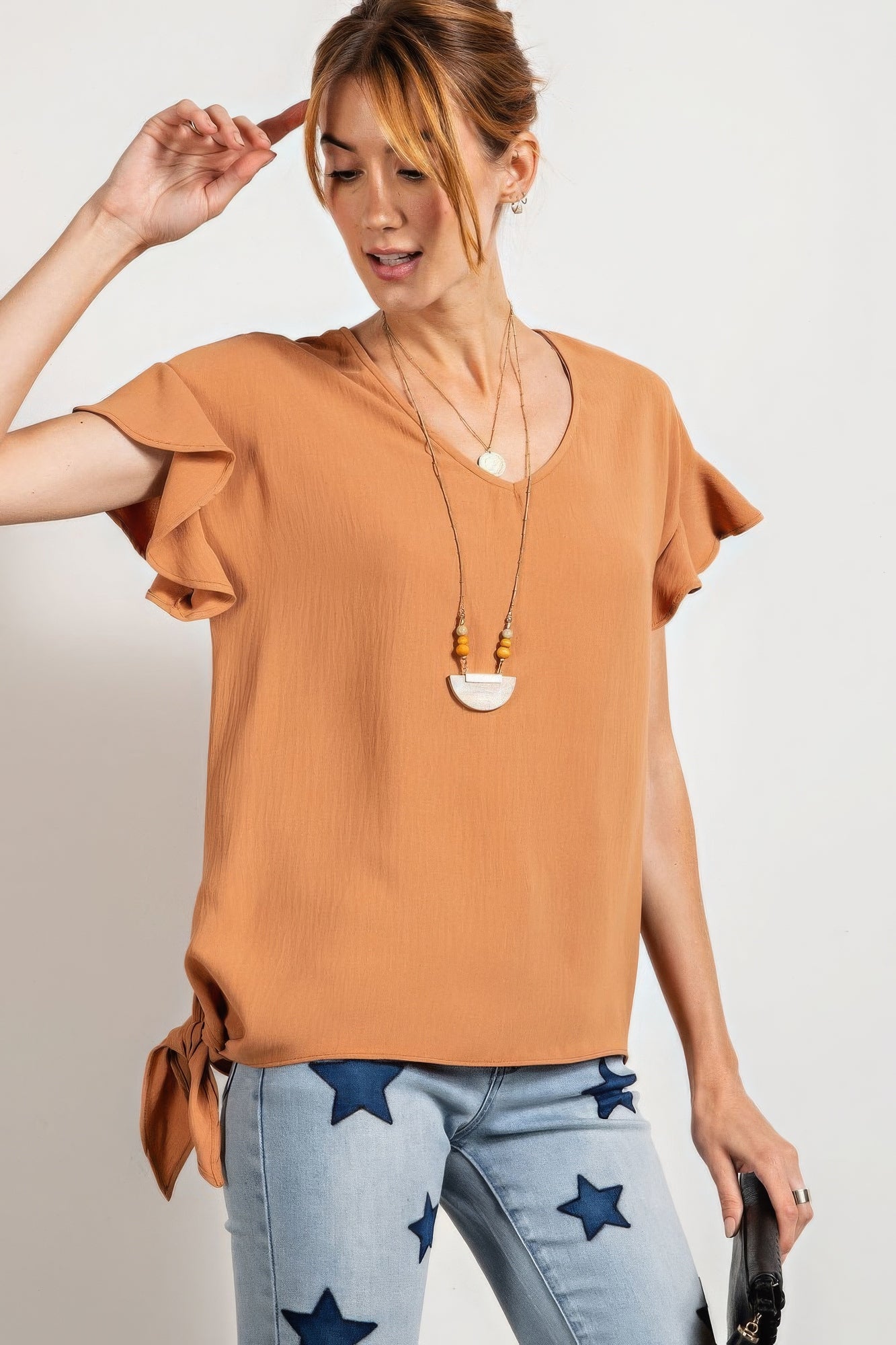 Camel V-Neckline Wing Sleeves Woven Top