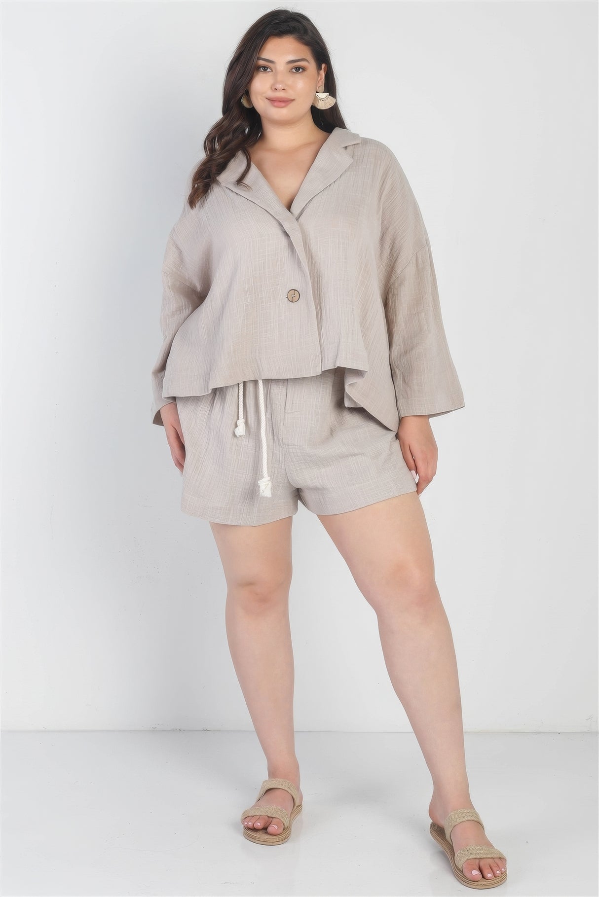 Grey Button-up Collared Neck Blazer High Waist Plus Shorts Set