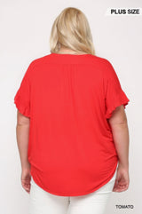 Solid Viscose Knit Surplice Top with Ruffle Sleeve