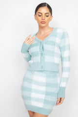 Mint Sage Plaid Button-front Cropped Sweater Cardigan