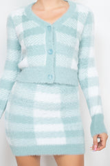 Mint Sage Plaid Button-front Cropped Sweater Cardigan