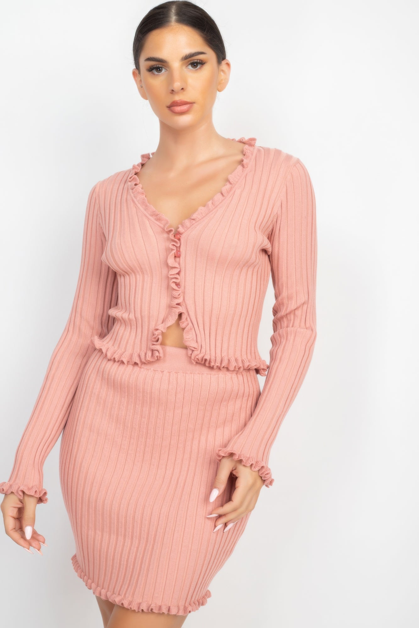 Dusty Blush Ruffle Trim Buttoned Sweater Cardigan