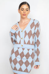 Blue/Coffee Diamond Button-front Cardigan Top