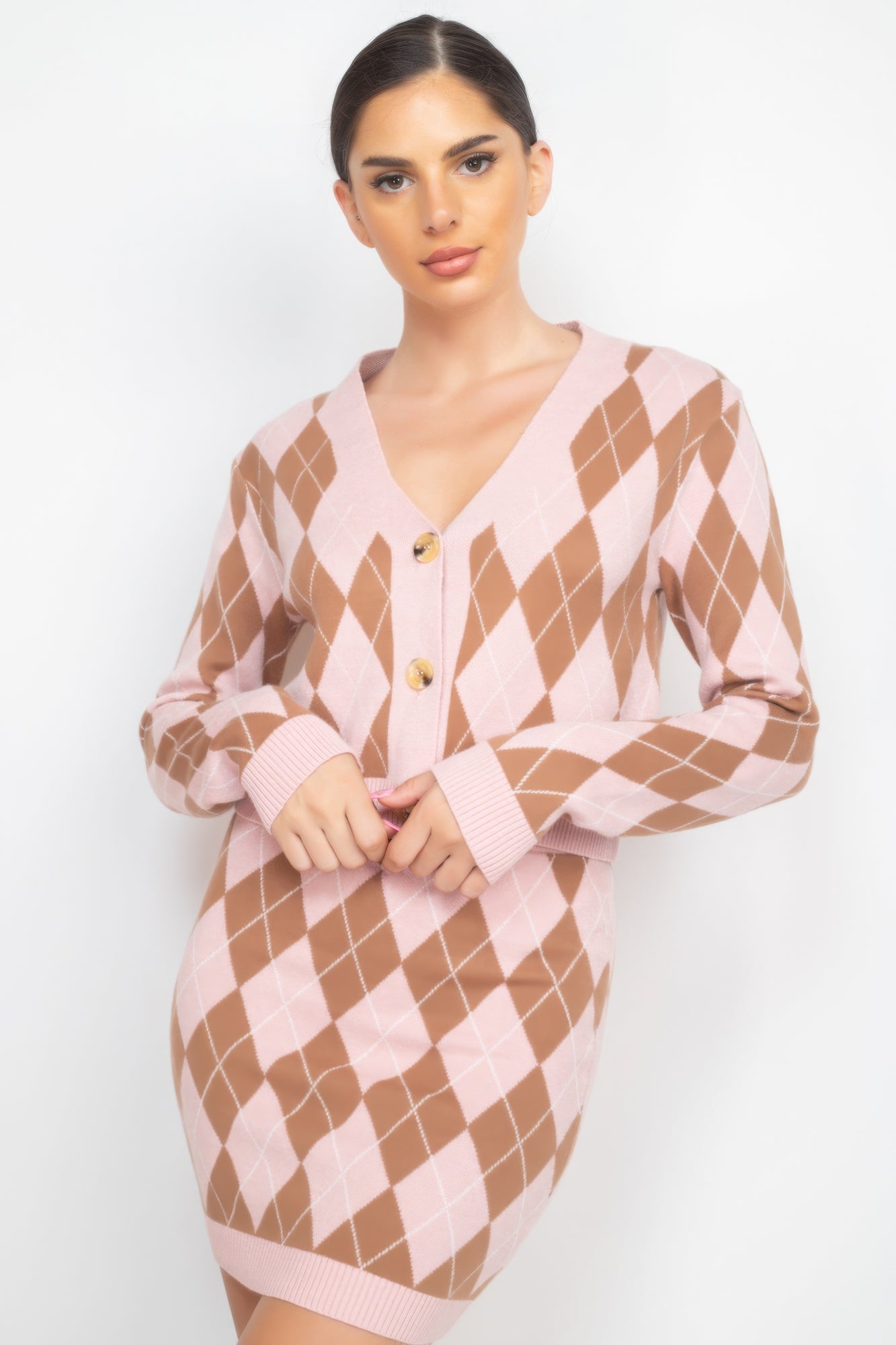 Pink/Mocha Diamond Button-front Cardigan Top