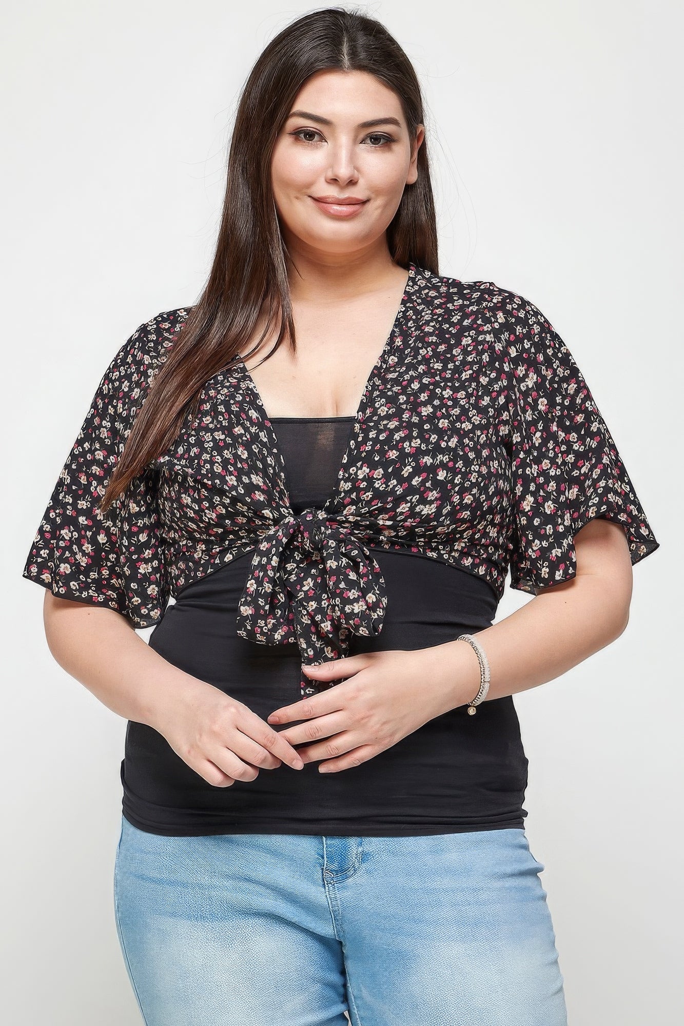 Plus Size Ditsy Floral Print Cropped Bolero Cardigan