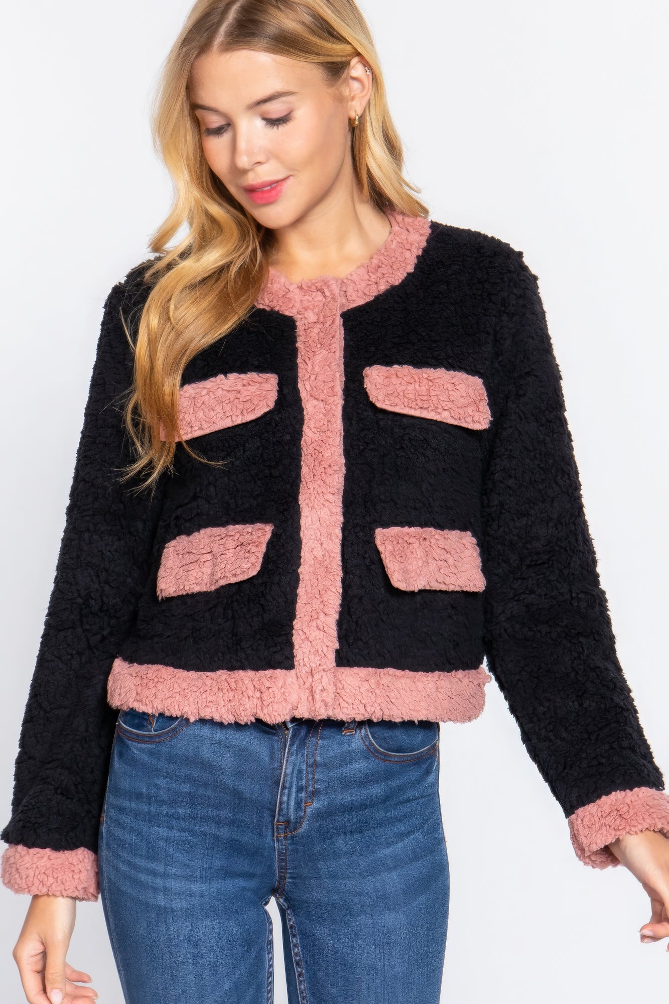 Black/Pink Long Sleeve Pocket Detail Faux Fur Jacket