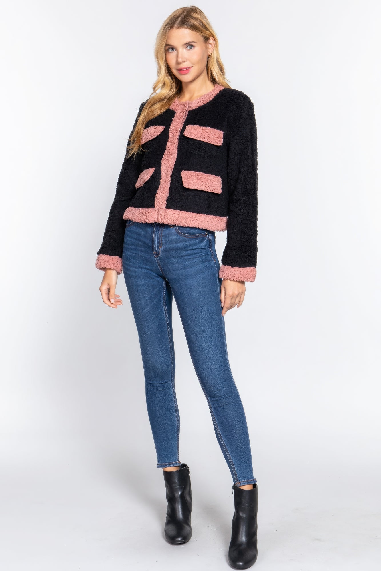 Black/Pink Long Sleeve Pocket Detail Faux Fur Jacket