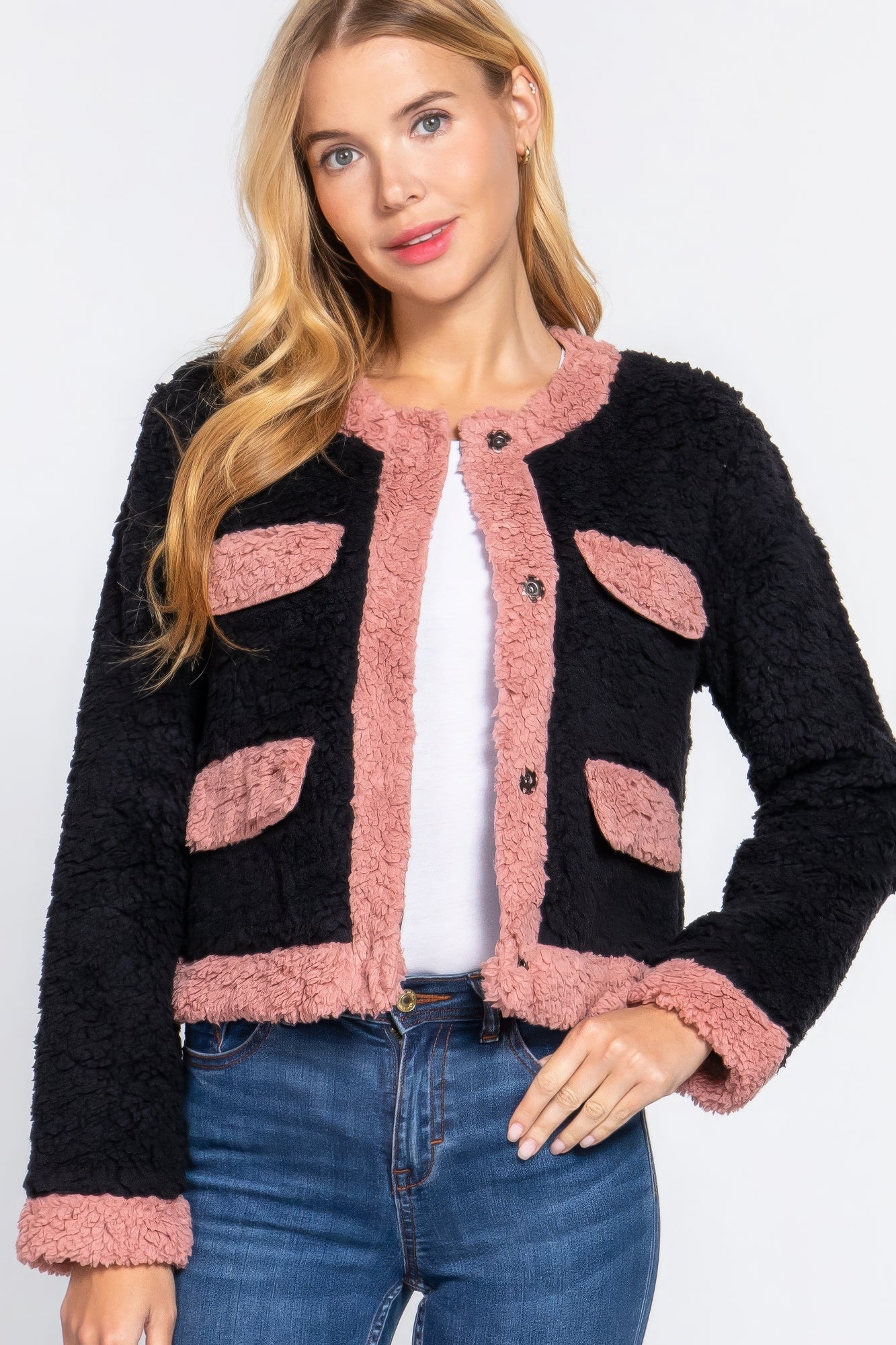 Black/Pink Long Sleeve Pocket Detail Faux Fur Jacket