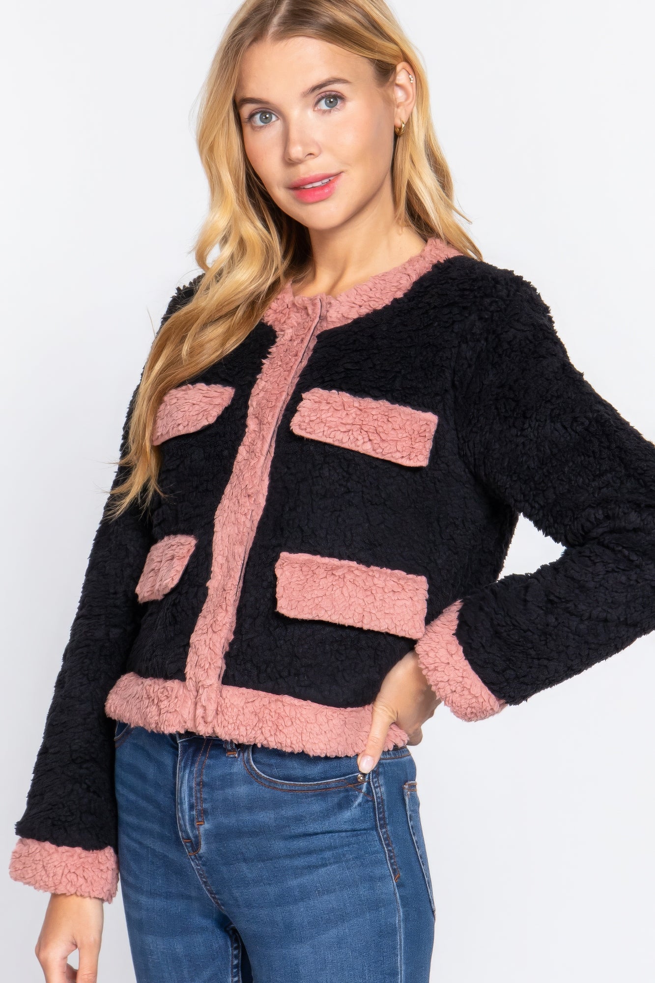 Black/Pink Long Sleeve Pocket Detail Faux Fur Jacket