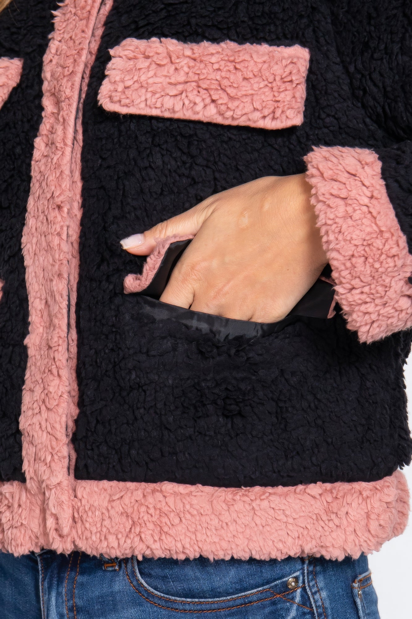 Black/Pink Long Sleeve Pocket Detail Faux Fur Jacket