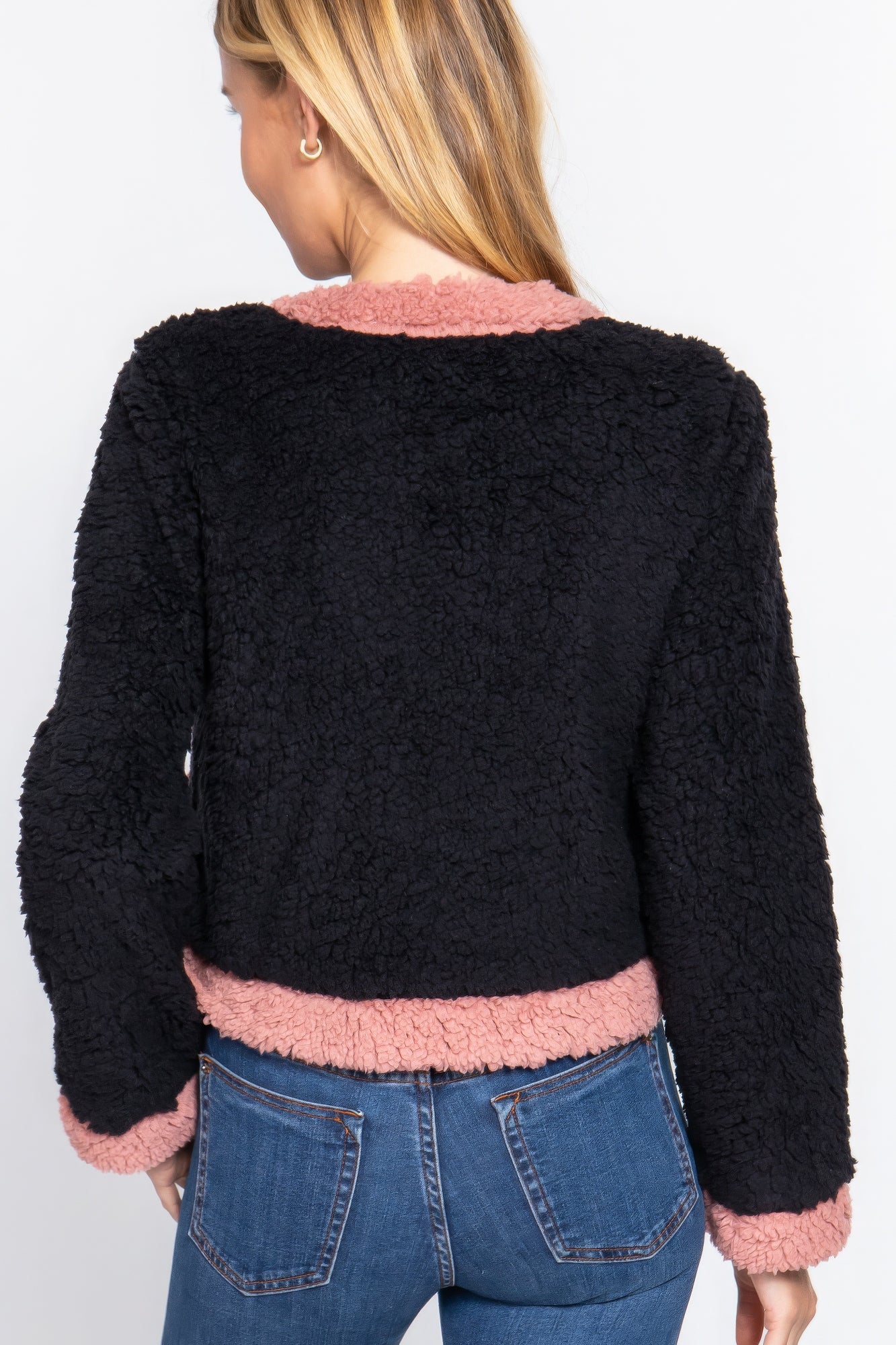 Black/Pink Long Sleeve Pocket Detail Faux Fur Jacket