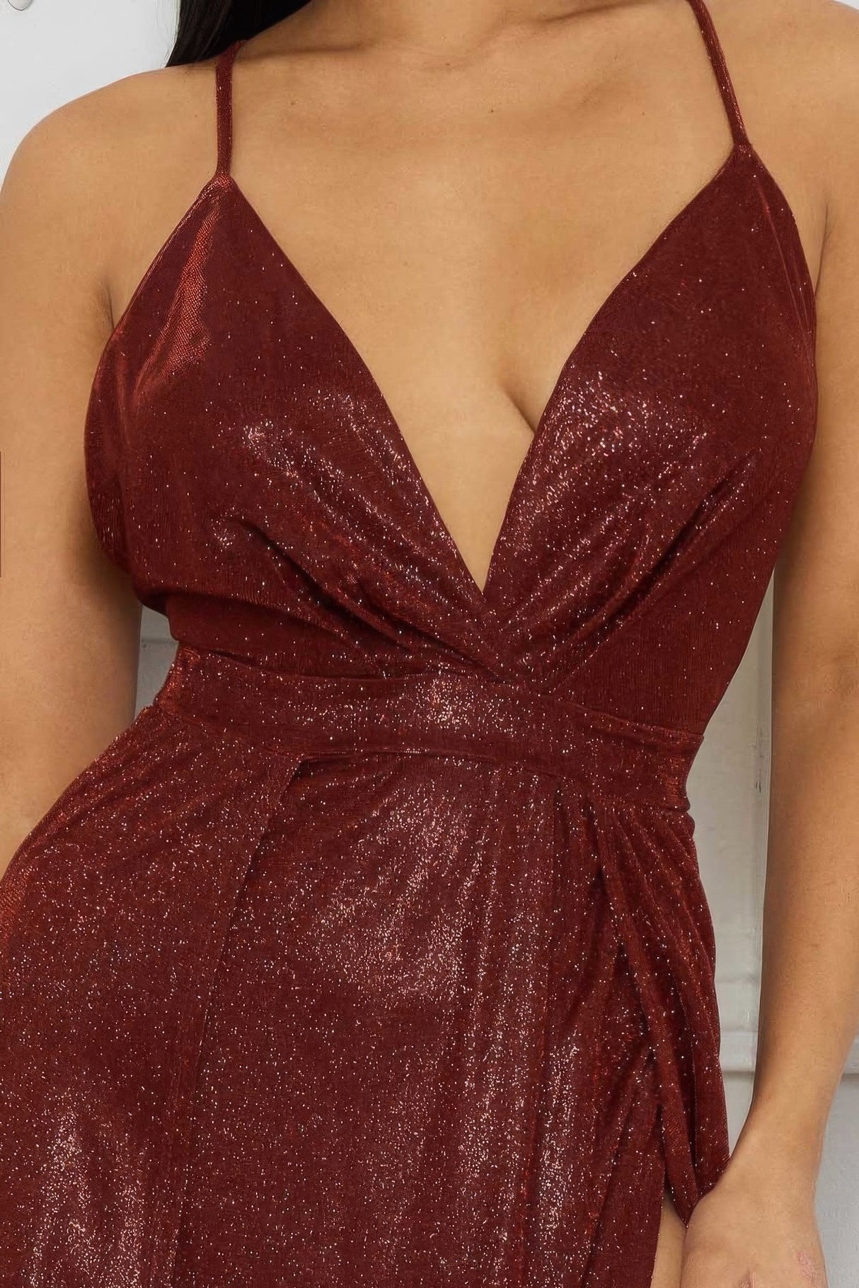 Burgundy Glitter Fabric Sweetheart Surplice Maxi Dress