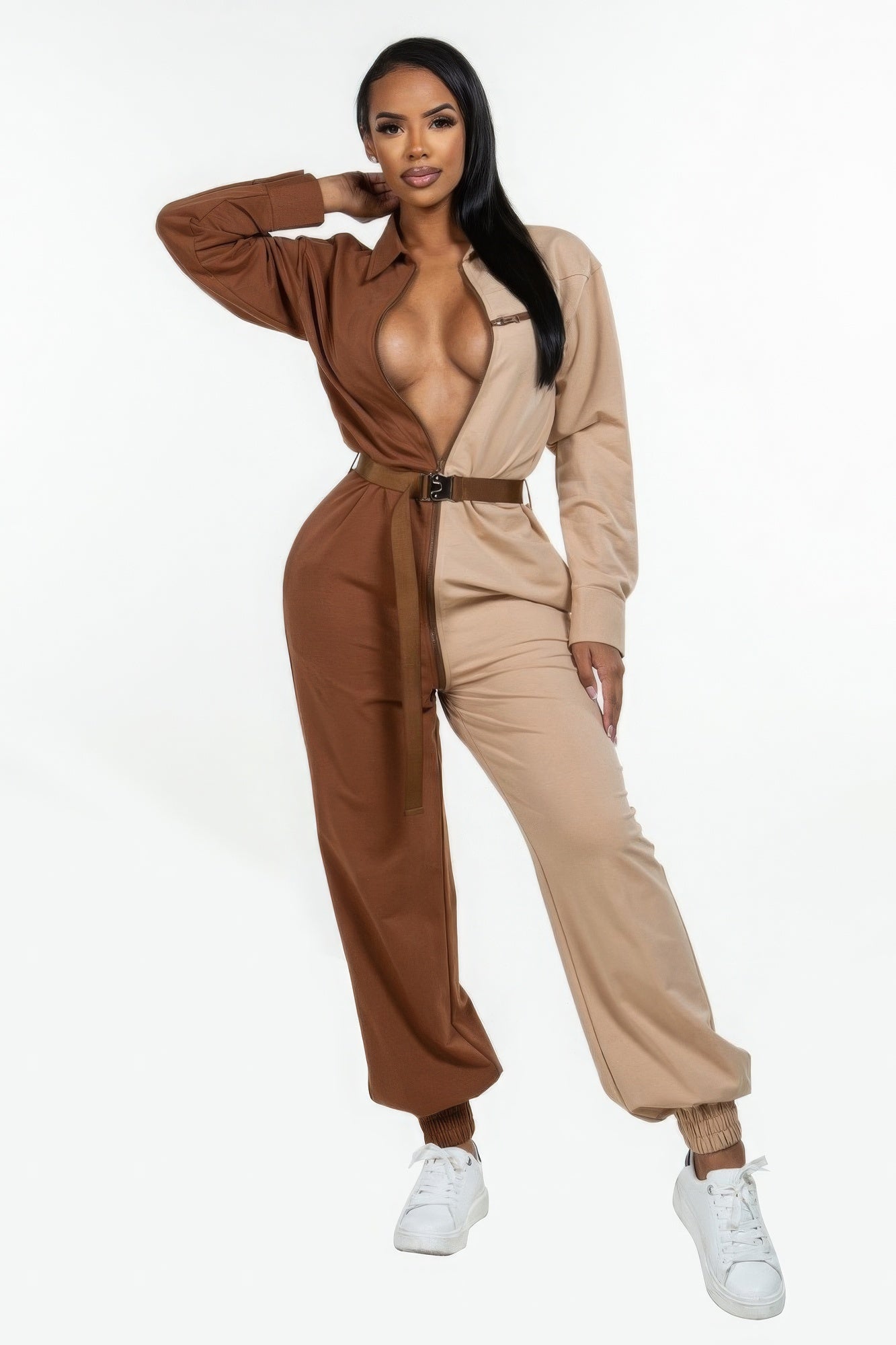 Brown Long Sleeve Oversized Cozy Shirt Jumpsuit