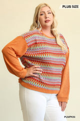 Novelty Knit & Solid Knit Mixed Loose Top with Drop Down Shoulder