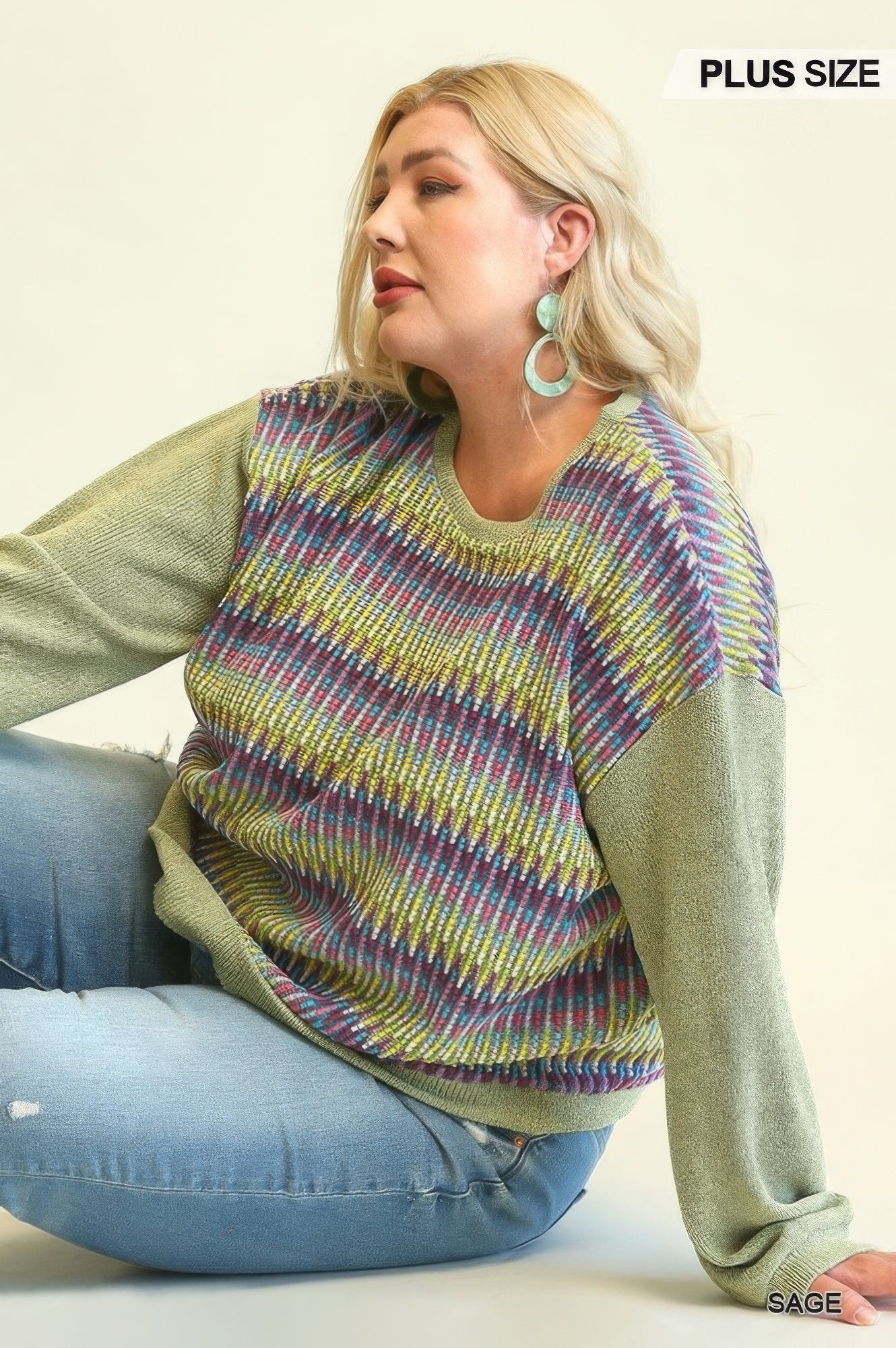 Novelty Knit & Solid Knit Mixed Loose Top with Drop Down Shoulder