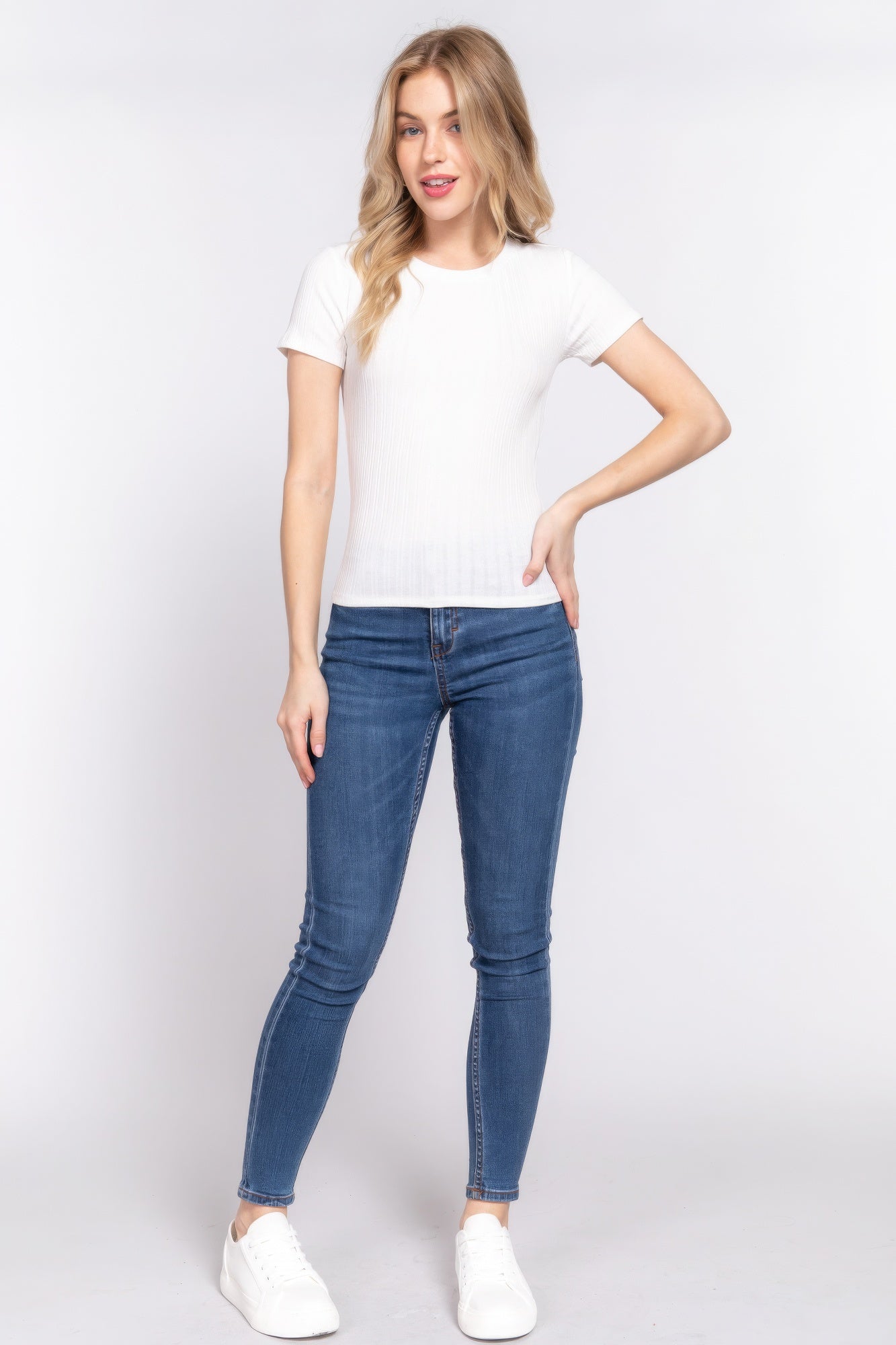 Short Sleeve Crew Neck Variegated Rib Knit Top